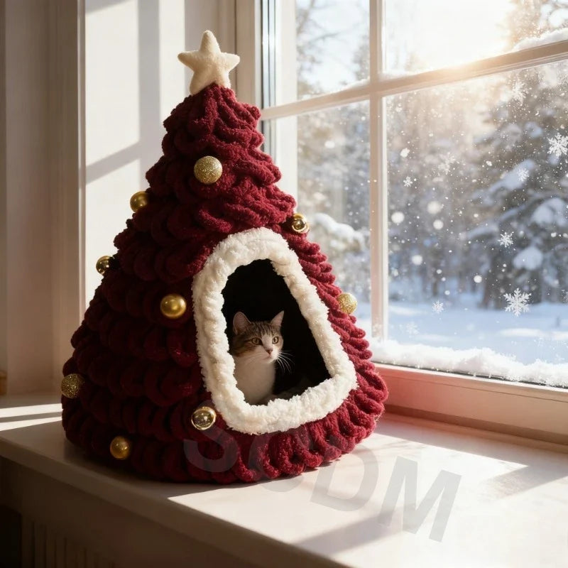 Christmas Tree Cat House & Bed – Winter Warm Enclosed Cat Nest, Cozy Security Hideaway for Cats & Kittens