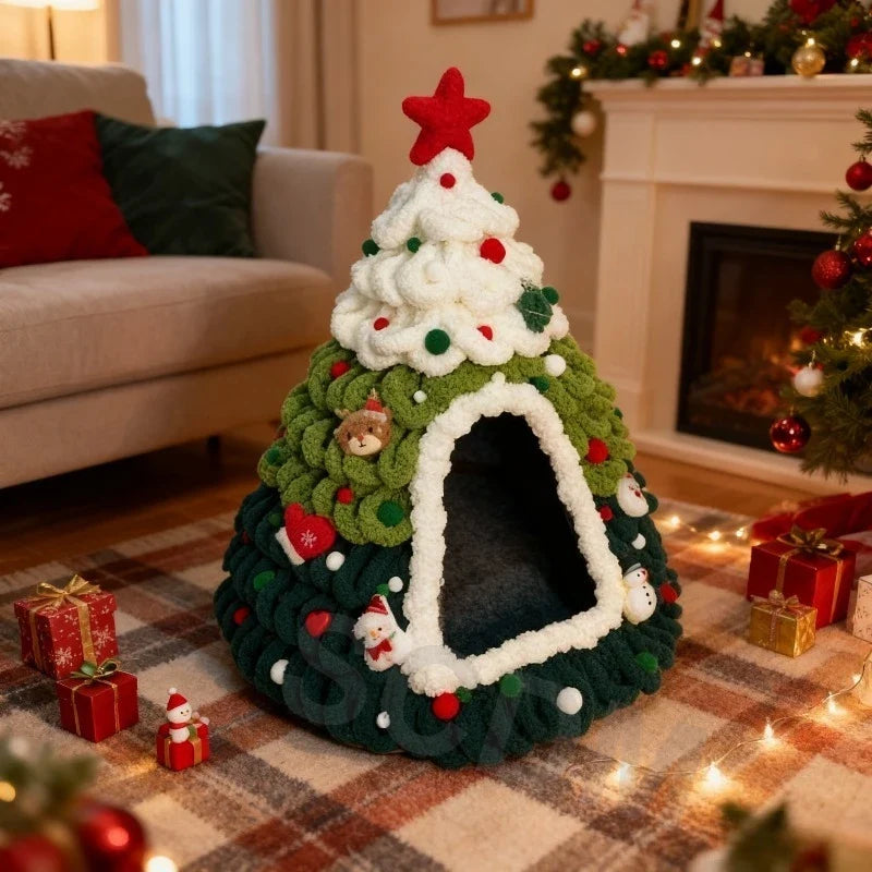 Christmas Tree Cat House & Bed – Winter Warm Enclosed Cat Nest, Cozy Security Hideaway for Cats & Kittens