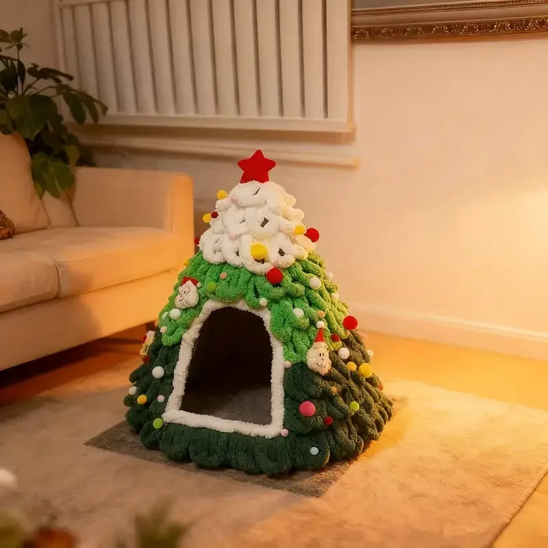 Christmas Tree Cat House & Bed – Winter Warm Enclosed Cat Nest, Cozy Security Hideaway for Cats & Kittens