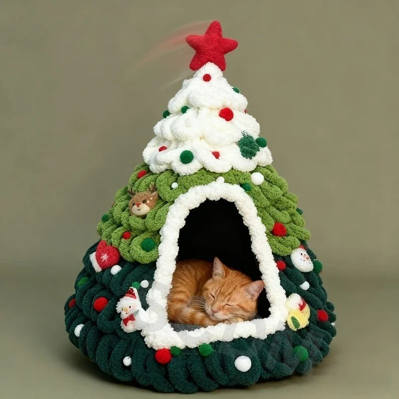 Christmas Tree Cat House & Bed – Winter Warm Enclosed Cat Nest, Cozy Security Hideaway for Cats & Kittens