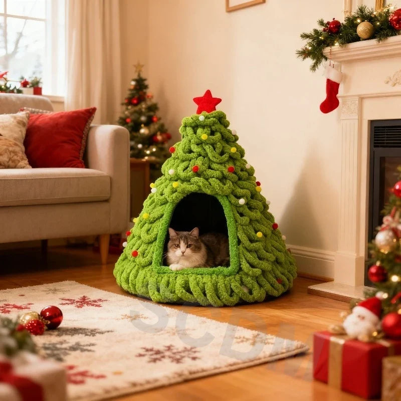 Christmas Tree Cat House & Bed – Winter Warm Enclosed Cat Nest, Cozy Security Hideaway for Cats & Kittens