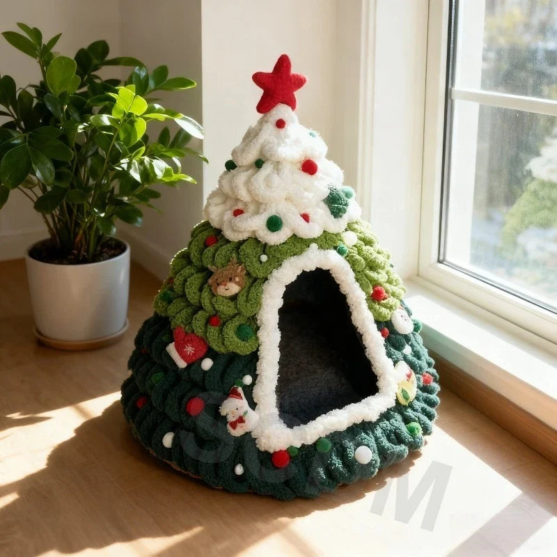 Christmas Tree Cat House & Bed – Winter Warm Enclosed Cat Nest, Cozy Security Hideaway for Cats & Kittens